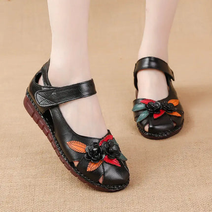 Size 42 Flat Heel Genuine Leather Sandals Woman Summer Hollow Out Shoes Mom Women's Retro Flower Orthopedic Sandals for Ladies