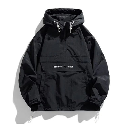 Spring Autumn Mens Anorak Jackets Fashion Man Half zip Streetwear Hip Hop Hooded Coats Men Loose Windbreaker Waterproof Jackets