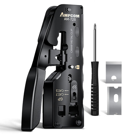 AMPCOM rj45 Crimper CAT7 Crimping Tool for Pass Through RJ11 RJ 45 Connector CAT6 CAT5E Modular Plugs With Wire Stripper Cutter