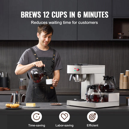 SucceBuy 12 Cups Commercial Drip Coffee Maker Coffee Maker Machine with 3 Glass Carafes 3 Warmer Plates Stainless Steel for Cafe