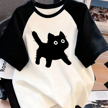 Kawaii T Shirt  Retro Black Cat Letter Print Crew Neck T-Shirt Casual Short Sleeve Top for Spring Summer Women's Clothing