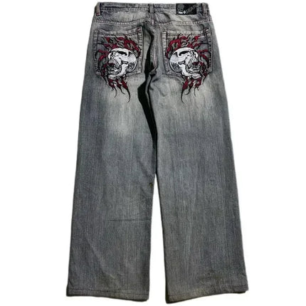 Y2K retro graffiti pattern washed loose hip hop plus size skateboard straight jeans sports casual reflective layered trousers
