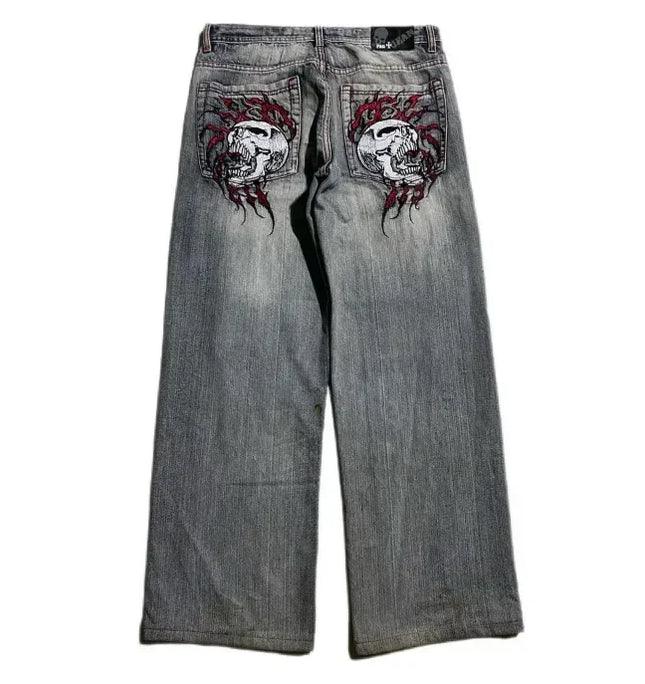 Pantalones vaqueros rectos deportivos informales reflectantes de corte holgado de hip hop, lavados, con patrón de grafiti retro Y2K, talla grande, estilo skater y capas