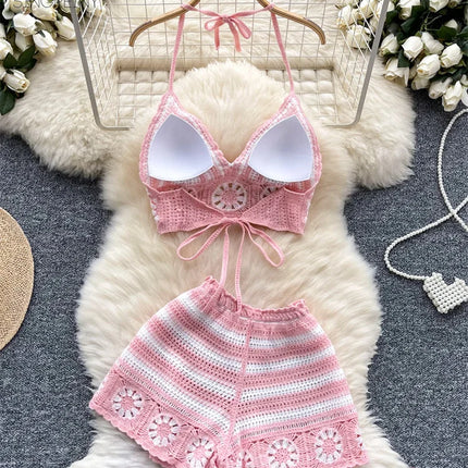SINGREINY Beach Vacation Knit 2pcs Suits Women Halter Sleeveless Lace Up Camis+Elastic Waist Shorts Hook Flower Hollow 2pcs Set
