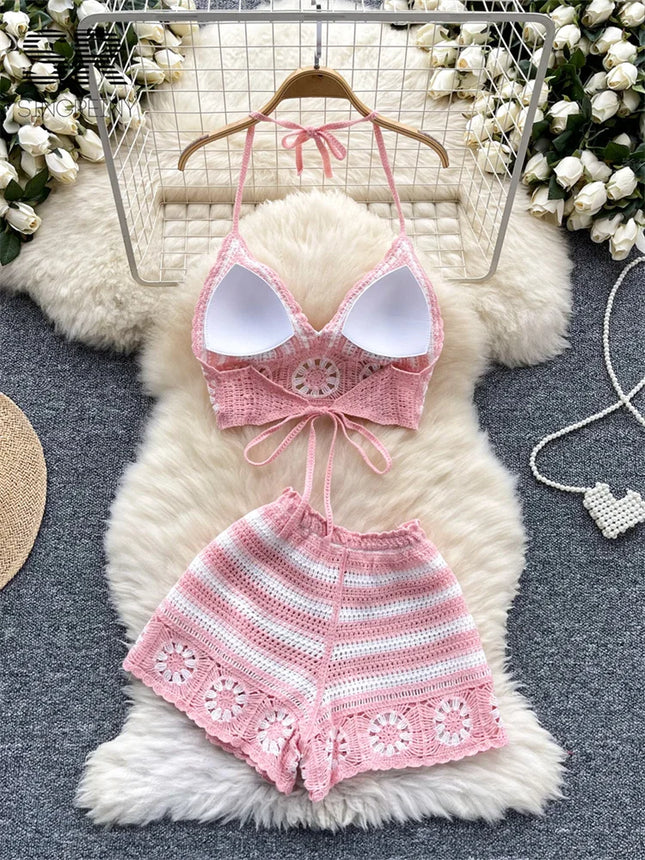 SINGREINY Beach Vacation Knit 2pcs Suits Women Halter Sleeveless Lace Up Camis+Elastic Waist Shorts Hook - product image 2