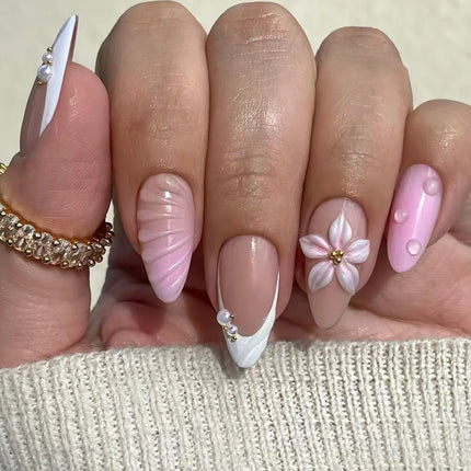 24pcs Almond False Nails Tips Summer Beach Colorful Nails Sets with Pearl Flower Design Press on Nails Art Wearable Fake Nail