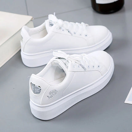 Women Leather Pu Casual Shoes New 2025 Woman Shoes Fashion Embroidered White Sneakers Breathable Flower Lace-Up Women Sneakers