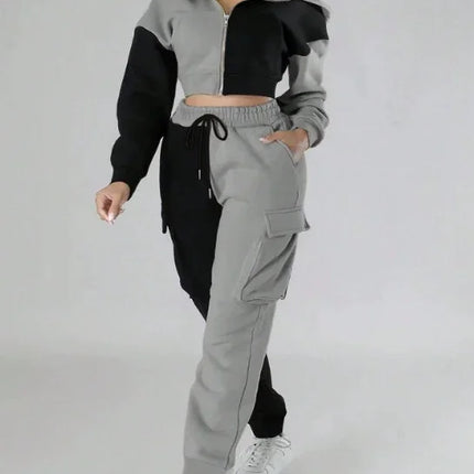 Women Loose Autumn Winter Two Pieces Suit Matching Sets Hoodie Tracksuit Blocked Zipper Short Outerwear Drawstring Cargo Pants