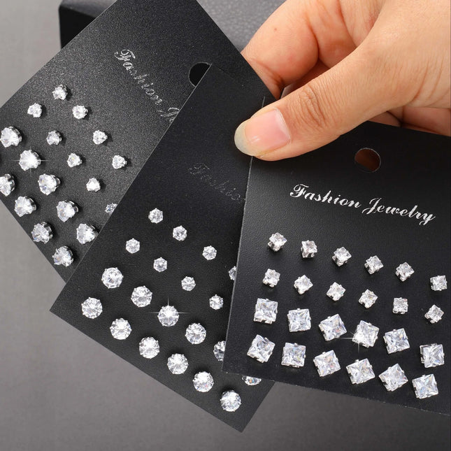 New Geometric Six-Claw Heart-Shaped Crystal Zircon Basic Set Ear Studs Vintage Elegant 36 Pairs Unisex - product image 8