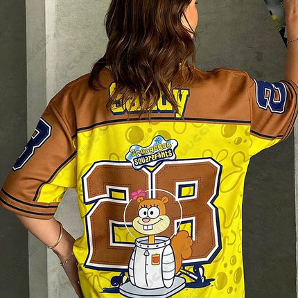 Cartoon SpongeBob Print T-shirts For Women Summer V-Neck Patchwork Short Sleeve Sports Football Jersey Y2K Loose Oversized Tops