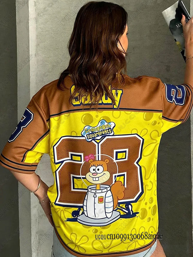Cartoon SpongeBob Print T-shirts For Women Summer V-Neck Patchwork Short Sleeve Sports Football Jersey - product image 6