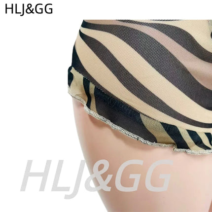 HLJ&GG Fashion Zebra Print Mesh See Though Bodysuits Two Piece Sets Women Sleeveless Slim Top + Ruffle Shorts Outfits Streetwear