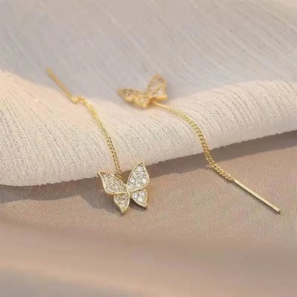1pair Pave Crystal Butterfly Long Threader Earrings for Women Teen Girls, Dainty S Curved Thin Gold Chain Drop Ear Line, Nickel Free Elegant Accessories Gift for Wedding Bridesmaid Date Prom Birthday Holiday