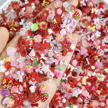 100Pcs/Bag Cute Bow Flower Star Heart Nail Charms Randomly Mixed Sweet Hollow Pearl Heart Nail Art Decorations Accessories