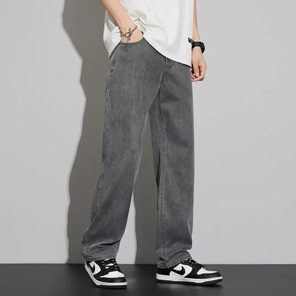 2025 New Lyocell Summer Thin Business Male Pants Jeans Men's High Waist Loose Comfortable Straight Elastic Denim Trousers