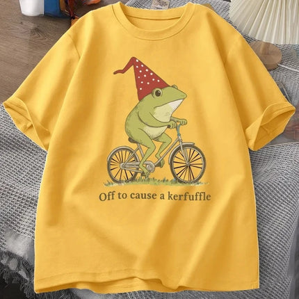 Off To Cause A Kerfuffle Frog T-Shirt Funny Weirdcore Sayings Unique Tshirt Adults Joker Women Graphic Tee Women Summer Tops Y2K