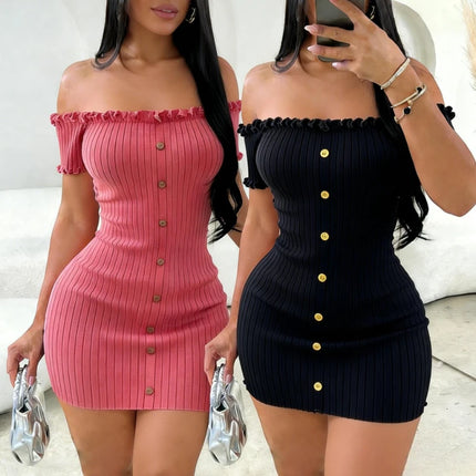 Women's Pink Off Shoulder Sundress Short Sleeve Ruffle Trim Button Stretchy Knit Bodycon Mini Dress Sweethot Summer Party Dress