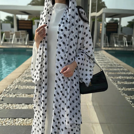 Abaya Suit Women Muslim Dresses Hijab 2 Piece Set Cardigan Robe Polka Dot Print Jalabiya Vestidos Khimar Dubai Abayas Kaftan