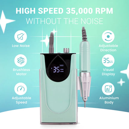 Professional Nails Drill Machine - Electric, Cordless, 35000 RPM, HD Display for Salon & Home Use (Handpiece - Mermaid)