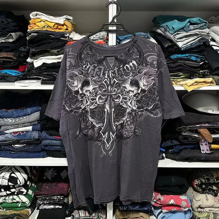 Y2K New Vintage Gothic Skull Wing Printed Long Sleeve Street Trend Pure Cotton Top Men Hip Hop Gothic Harajuku Oversize T-shirt