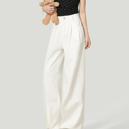 Y2K Korean Style Women's White High Waisted Wide Leg Jeans 2026 Spring Summer New Pleated Design Draped Casual Pants Streetwear