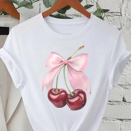Fashion Cherry Print Women T-Shirt Short Sleeve Crew Neck Casual Tops for Summer Spring Women's Clothing Tops Tees