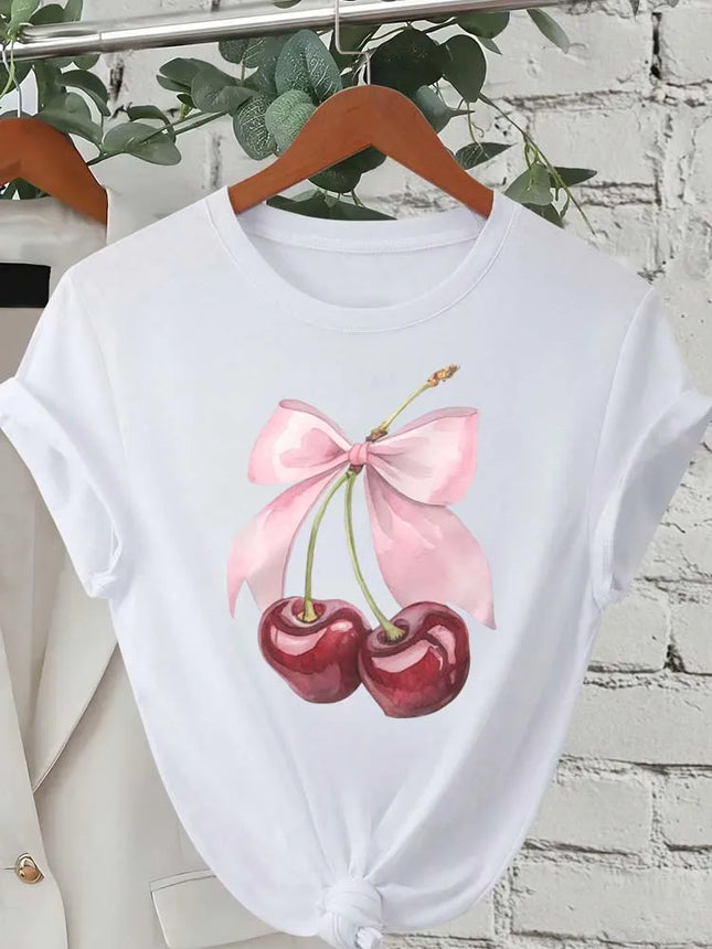 Fashion Cherry Print Women T-Shirt Short Sleeve Crew Neck Casual Tops for Summer Spring Women's Clothing - product image 2