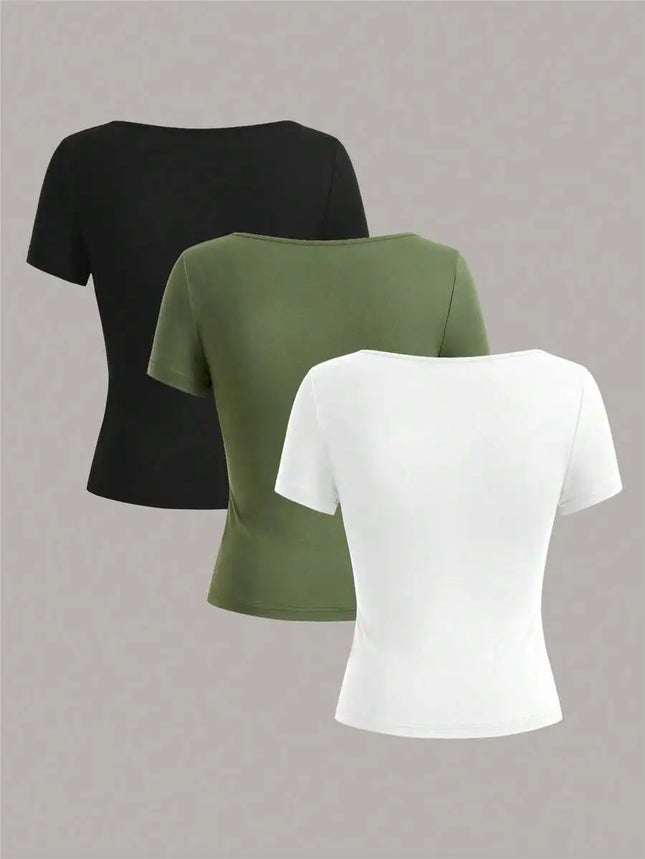Vibrant Square Neck T-Shirt in Solid Color - Spring and Summer Classic Casual Short Sleeve T-Shirt - product image 2