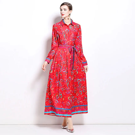 High-quality Fashion Print Elegant Versatile Dress For Women's Summer Autumn Polo Single Breasted Lace-up Slim Fit Long Skirt