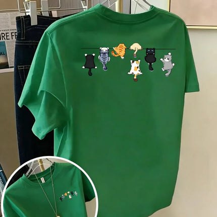 Cartoons Cats Prints T-Shirts Summer Womens Cotton T Shirts Basic O-Neck Oversized Short Sleeve Tops Casual Street Woman Clothes