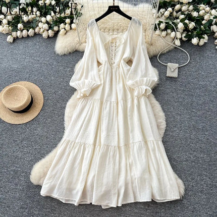 OCEANLOVE Woman Dresses Lantern Sleeve Square Neck Bandage Vestidos Para Mujer Solid Korean Fashion Retro Sweet Long Dress