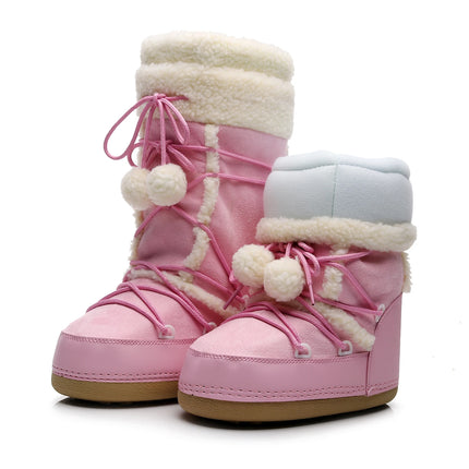 Free Ship Women Snow Boots Warm Plush Comfortable Platform Shoes Lady Lace-up Mid-Calf Pink Boots Non-slip Winter Shoes Booties
