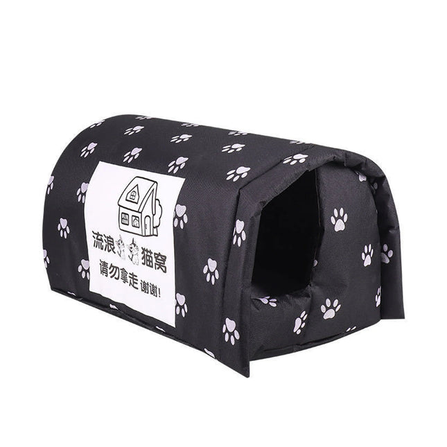 Black paw-print outdoor cat shelter on a white background
