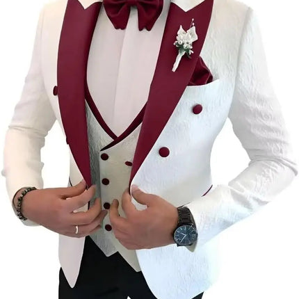 Floral Jacquard 3 Piece Suits for Wedding Slim Fit One Button Tuxedos Blazer Double Breasted Vest Pants