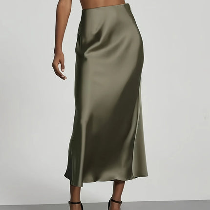 Women's Satin Midi Skirt, High‑waisted Slim Straight, Elegant Draping, Mature Versatile for Commute, Vacation & Parties