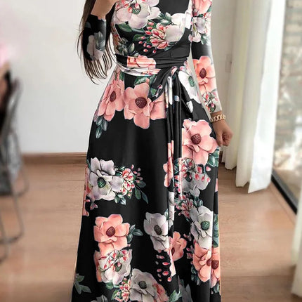 Slim Dresses Casual Long Sleeve Round Neck Flower Printed Dress Strap Floor-Length Long Skirt Clothing