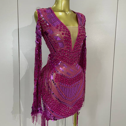 New Sparkly Diamonds Sequin Tassels Sexy Mesh Short Dress Women Evening Party Celebrate Birthday Nightclub Show Photo Shoot Wear