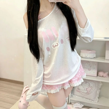 Japanese Sweet Print Long Sleeve T-shirt Women Summer Cute Off Shoulder Sheer Thin Sunscreen Tops Kawaii Y2k Aesthetic Slim Tees