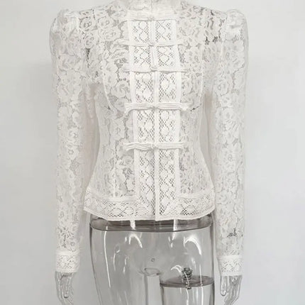 Summer Lace Printed Shirts Tops Hollow Out Commute Vintage See-Through Blouse Lace Shrug Shirts
