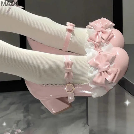 Lovely Mid-heel Women's Mary Jane Shoes Bowknot Lace Cute Lolita Shoes Round Toe Chunky Heel Sweet Pumps Size35 Zapatos De Mujer