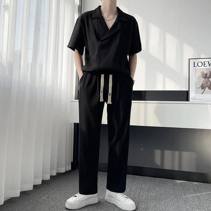 2025 Summer Pleated Sets Men Fashion Casual Short Sleeved T shirt/Trousers Two-piece Mens Korean Loose Ice Silk Sets Men 3-color