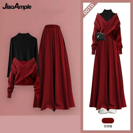 Women's 2026 Autumn/Winter New Fashion In Matching Set Korean Elegant Knitted Sweater+Undershirt+Casual Skirt Pants 3-Piece Suit