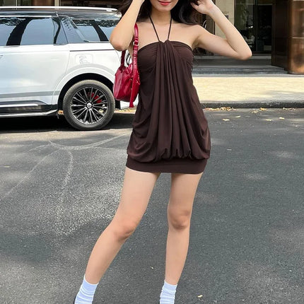 Sexy Mini Halter Ruched Backless Short Dress Solid Sleeveless Dresses Summer Party Birthday Club Clothes Y2K