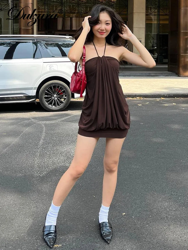 Sexy Mini Halter Ruched Backless Short Dress Solid Sleeveless Dresses Summer Party Birthday Club Clothes Y2K