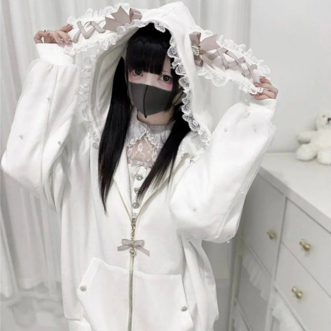Langarm-Kapuzenpullover mit Hasenohren Lolita JK Winter Herbst Hasenohren-Hoodie Kawaii Damen-Top Strickjacken Damen Y2K