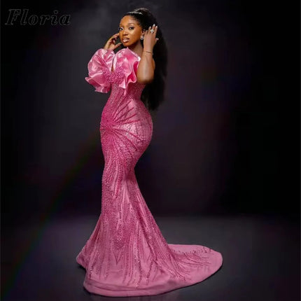 African Aso Ebi Pink Mermaid Prom Dresses  Pearls Evening Dress Black Girls Wedding Party Gowns Vestidos De Cóctel Customized