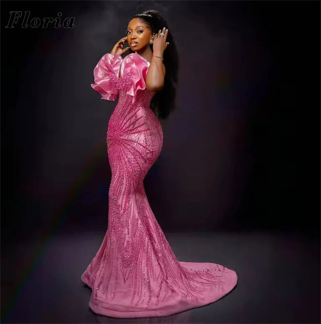 Afrikanische Aso Ebi Pink Meerjungfrau Ballkleider Perlen Abendkleid Schwarze Mädchen Hochzeitsfeier Kleider Vestidos De Cóctel Maßgeschneidert