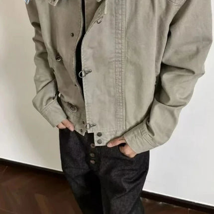 Unisex Turn Down Collar Jacket American Retro Short Workwear Coat Autumn Streetwear Casual Loose Fit Outerwear Man Harajuku New