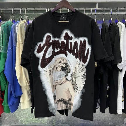 Fashion Brand Mixed Emotion Embroidery Rhinestone American Streetwear Angel Print Hot Diamond Top Tee Men Women Loose T shirts