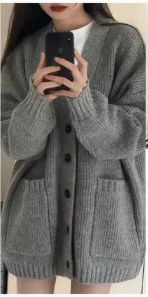 Loose Cardigan Women Long Sleeve V-neck Knitted Black Slouchy All-match Female Autumn Winter Coats Korean Chic Baggy Tops MLQ9